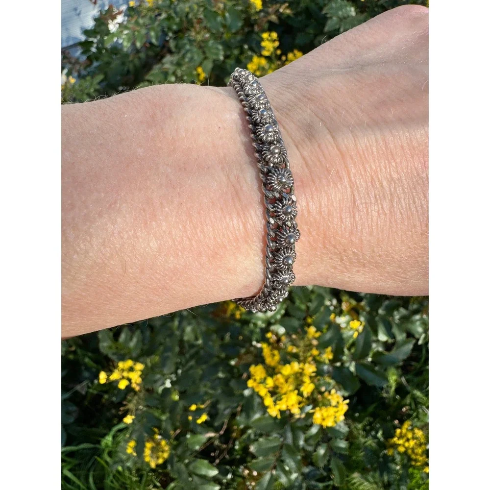 Vintage Boho Floral Link Curb Chain Bracelet Womens 6.75 Silver‎ Tone Ornate